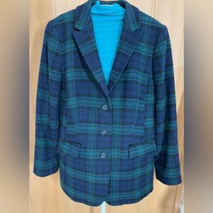 Talbots Green Blue Plaid Tartan Blazer 3 Button Up Wool Womens Jacket Sz14